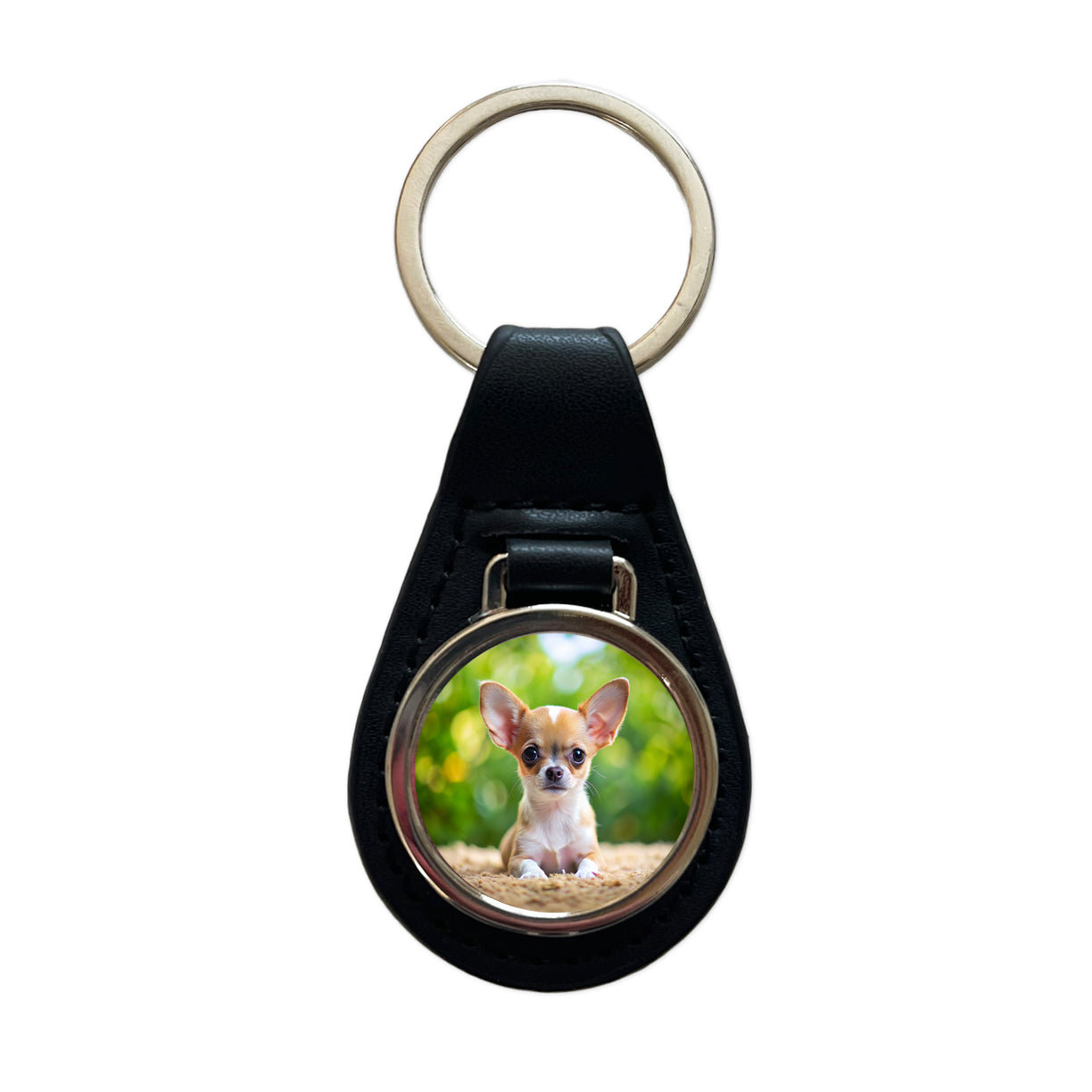 Chihuahua Dog Puppy Photo Black Leather Metal Keychain