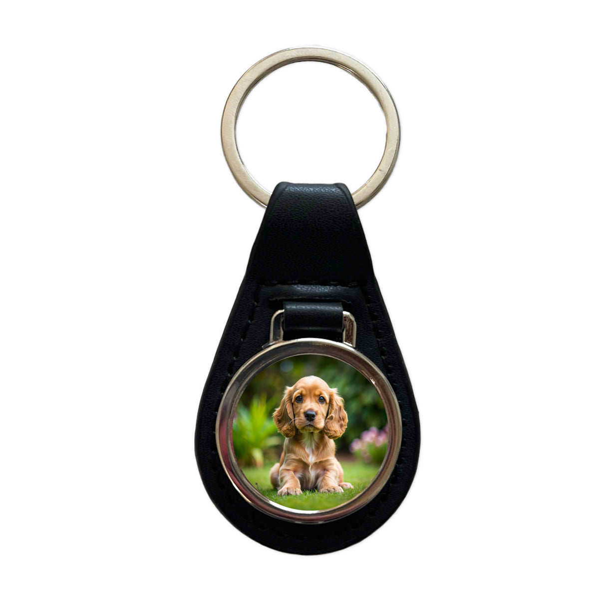 Cocker Spaniel Dog Puppy Photo Black Leather Metal Keychain
