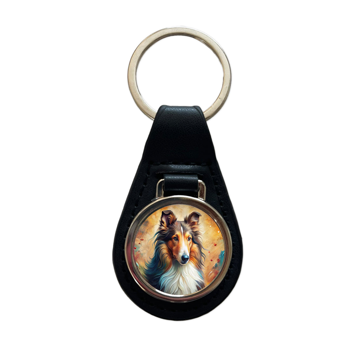 Collie Dog Abstract Art Black Leather Metal Keychain