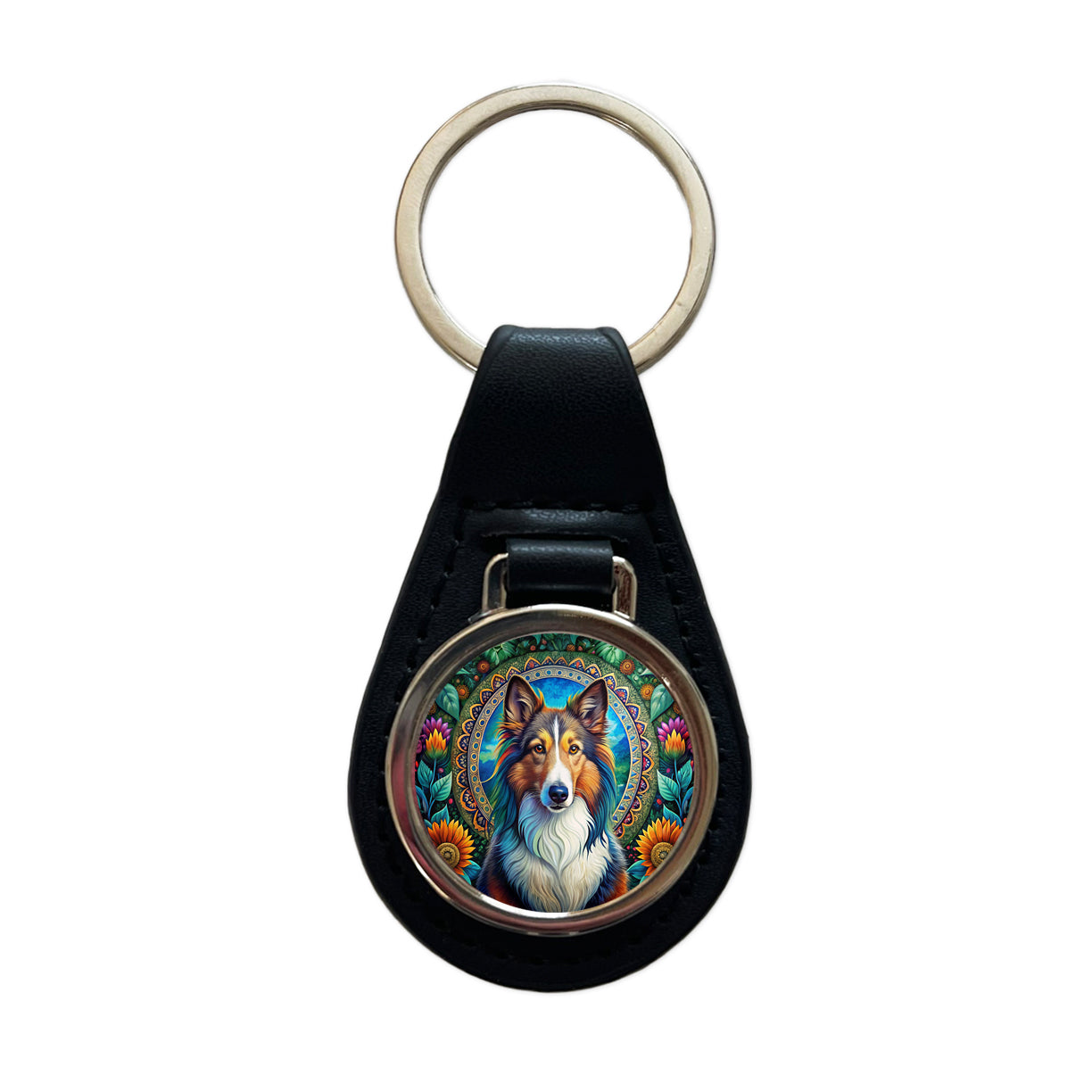 Collie Dog Bohemian Art Black Leather Metal Keychain