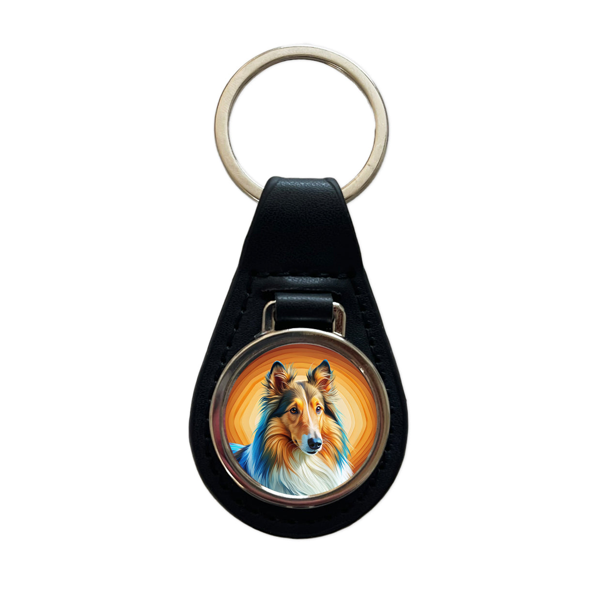 Collie Dog Pop Art Black Leather Metal Keychain