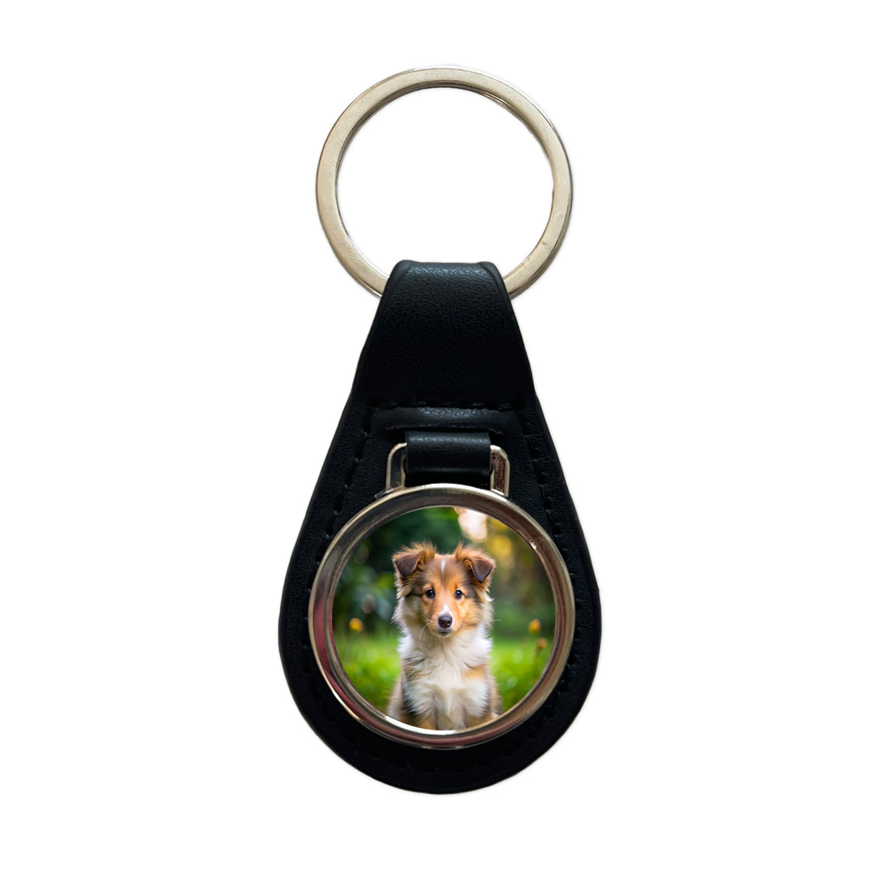 Collie Dog Puppy Photo Black Leather Metal Keychain