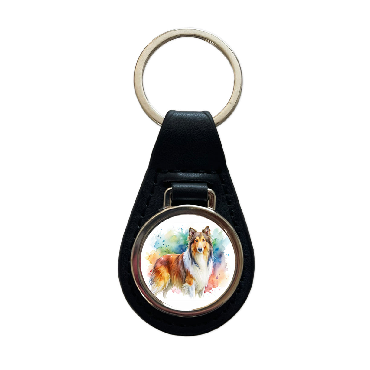 Collie Dog Watercolor Style Black Leather Metal Keychain