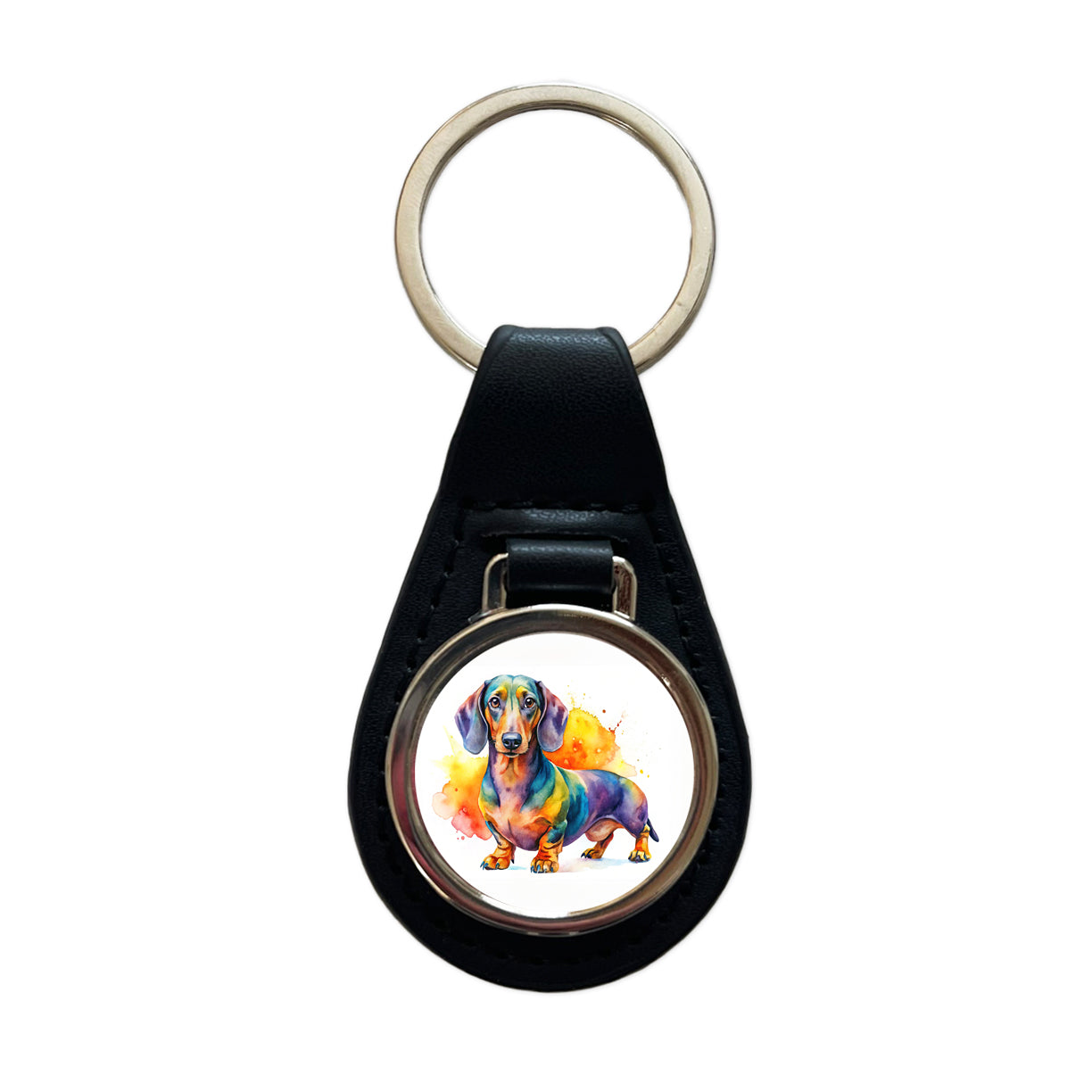 Dachshund Dog Watercolor Style Black Leather Metal Keychain