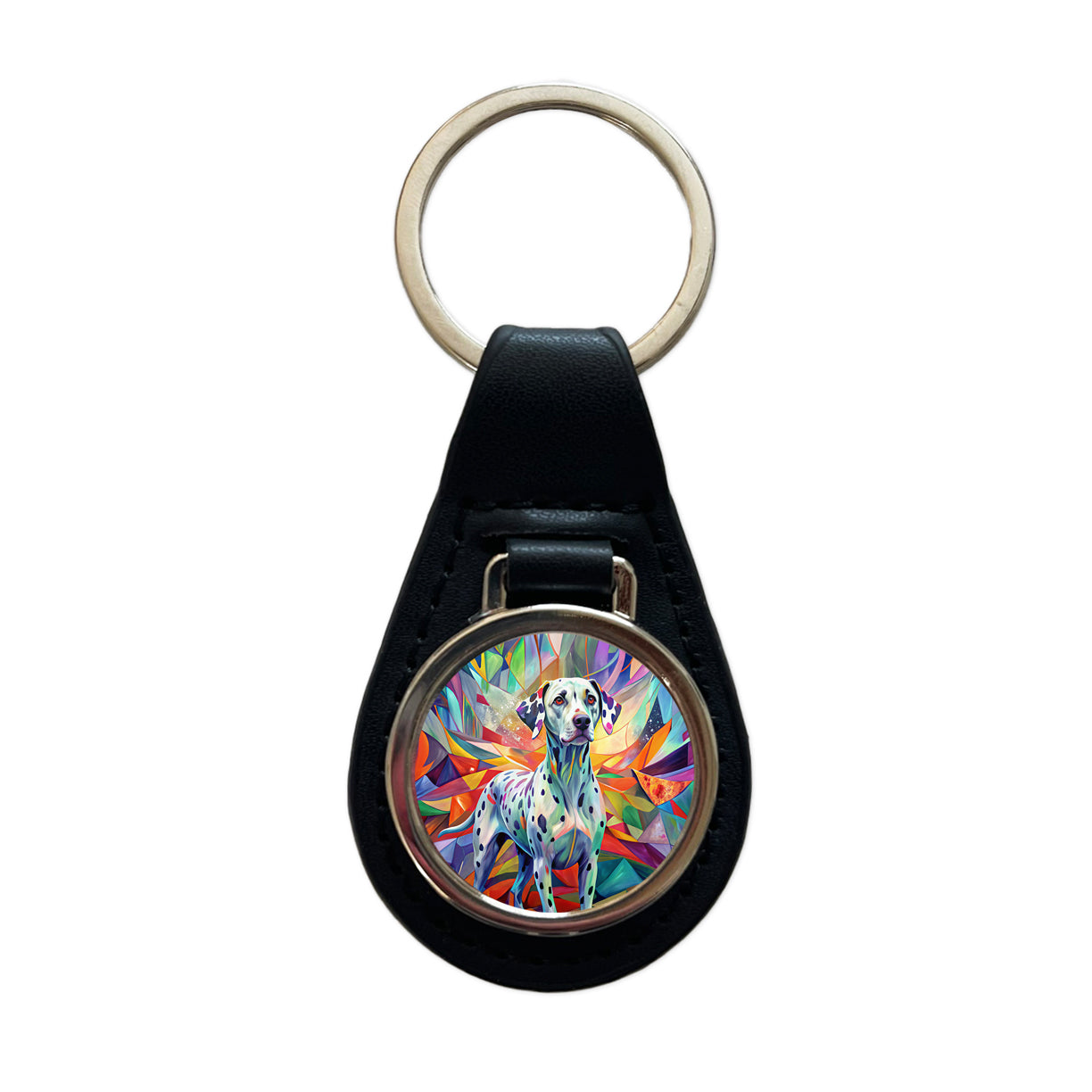 Dalmatian Dog Abstract Art Black Leather Metal Keychain