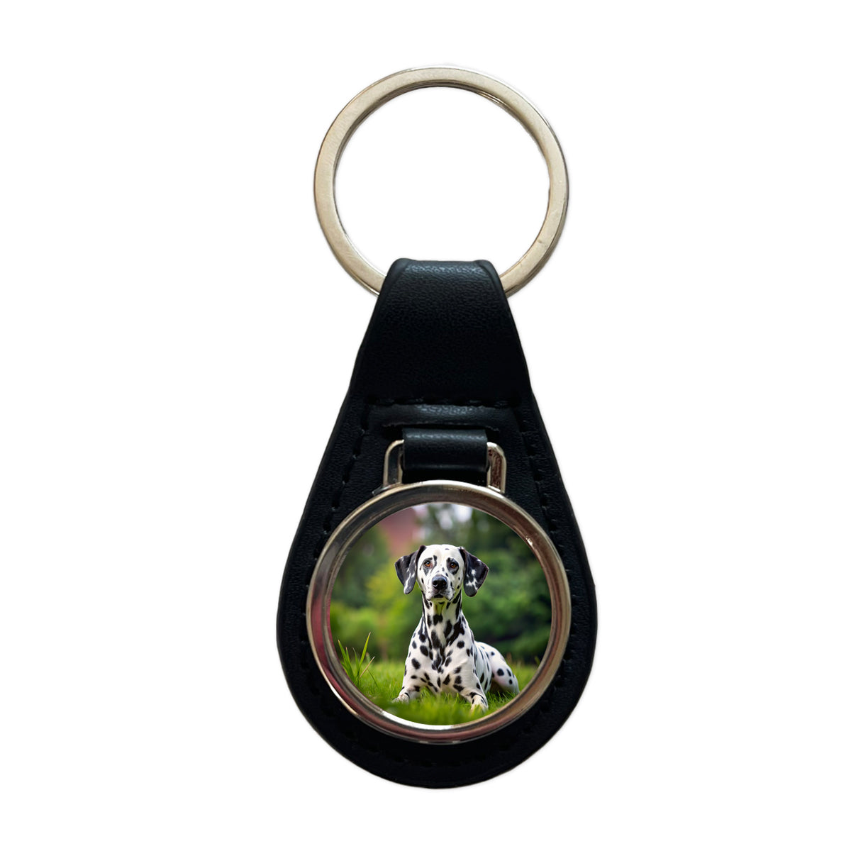 Dalmatian Dog Photo Black Leather Metal Keychain
