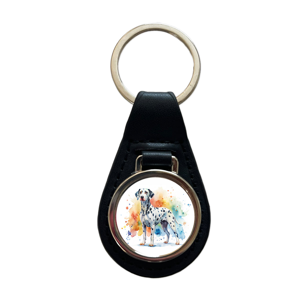 Dalmatian Dog Watercolor Style Black Leather Metal Keychain