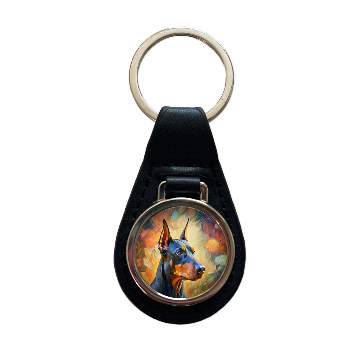 Doberman Pinscher Dog Expressionism Art Black Leather Metal Keychain