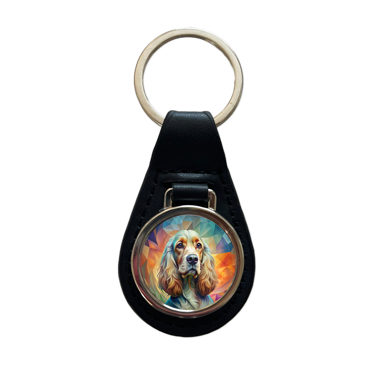 English Cocker Spaniel Dog Abstract Art Black Leather Metal Keychain