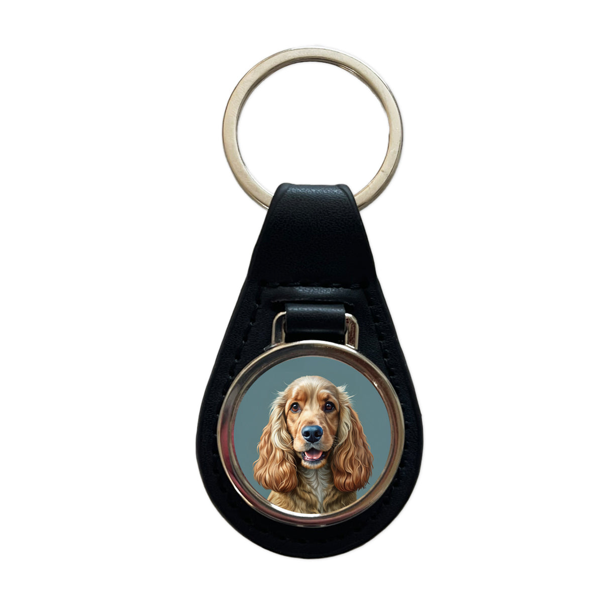 English Cocker Spaniel Dog Illustration Black Leather Metal Keychain