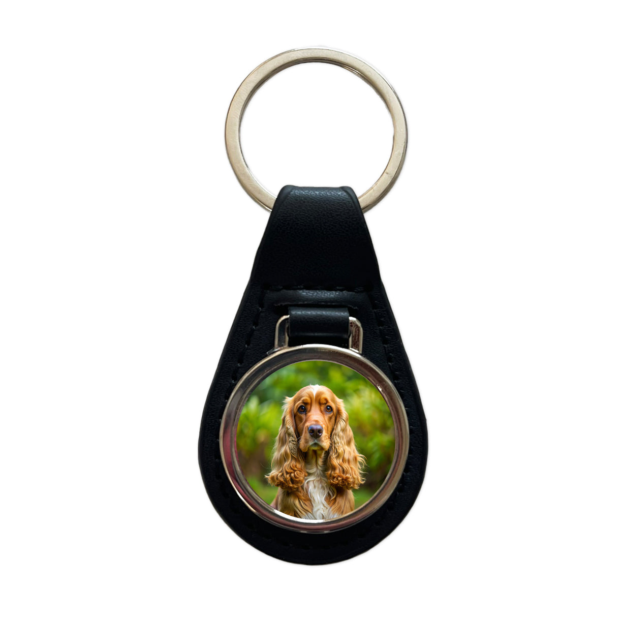 English Cocker Spaniel Dog Photo Black Leather Metal Keychain