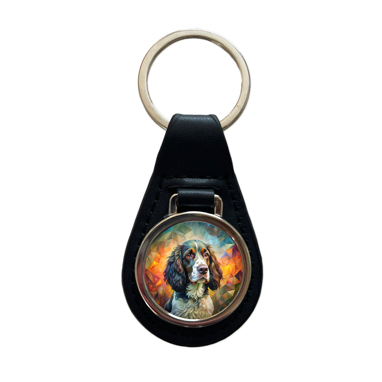 English Springer Spaniel Dog Abstract Art Black Leather Metal Keychain