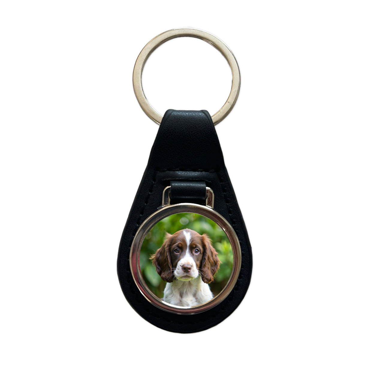 English Springer Spaniel Dog Puppy Photo Black Leather Metal Keychain