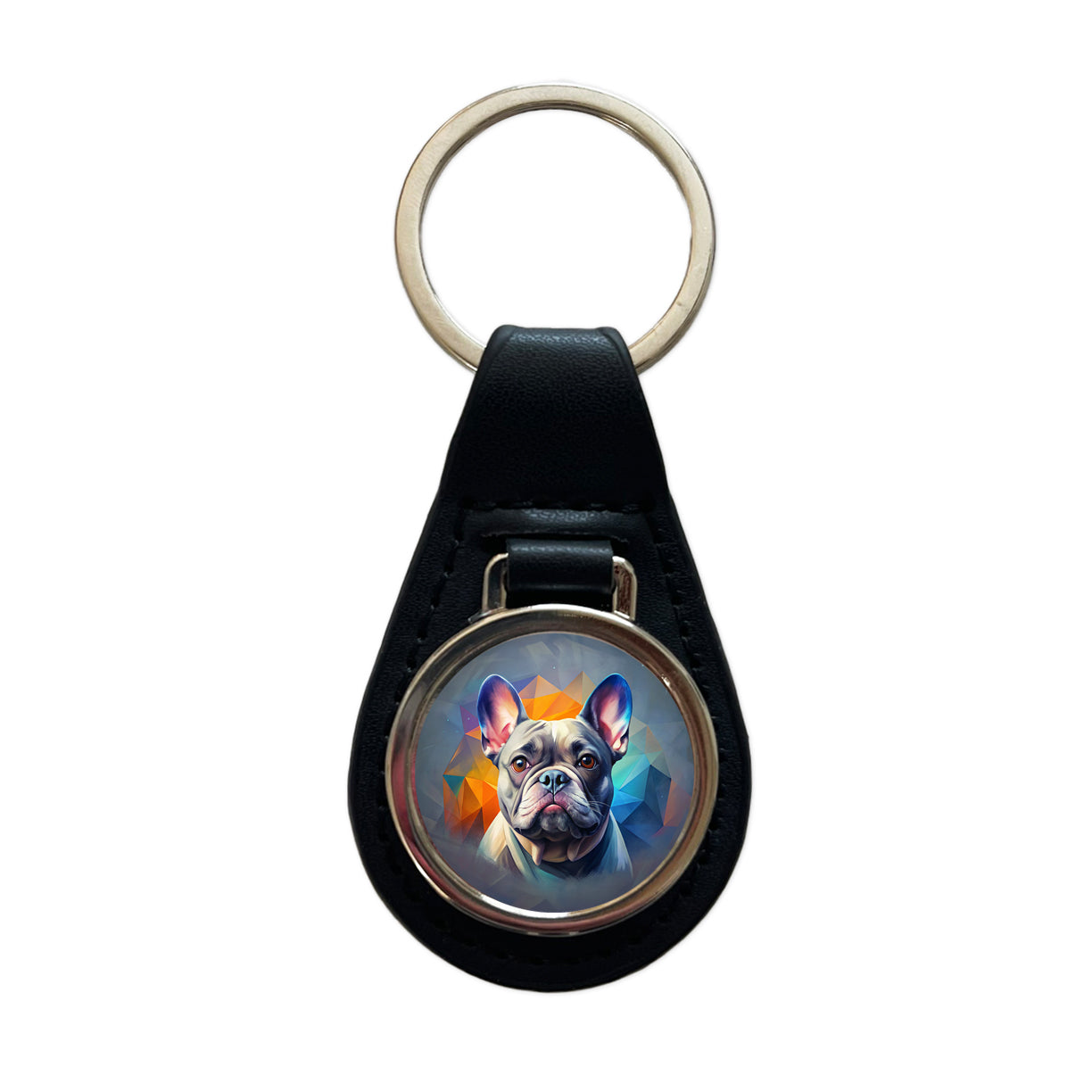 French Bulldog Frenchie Dog Contemporary Art Black Leather Metal Keychain