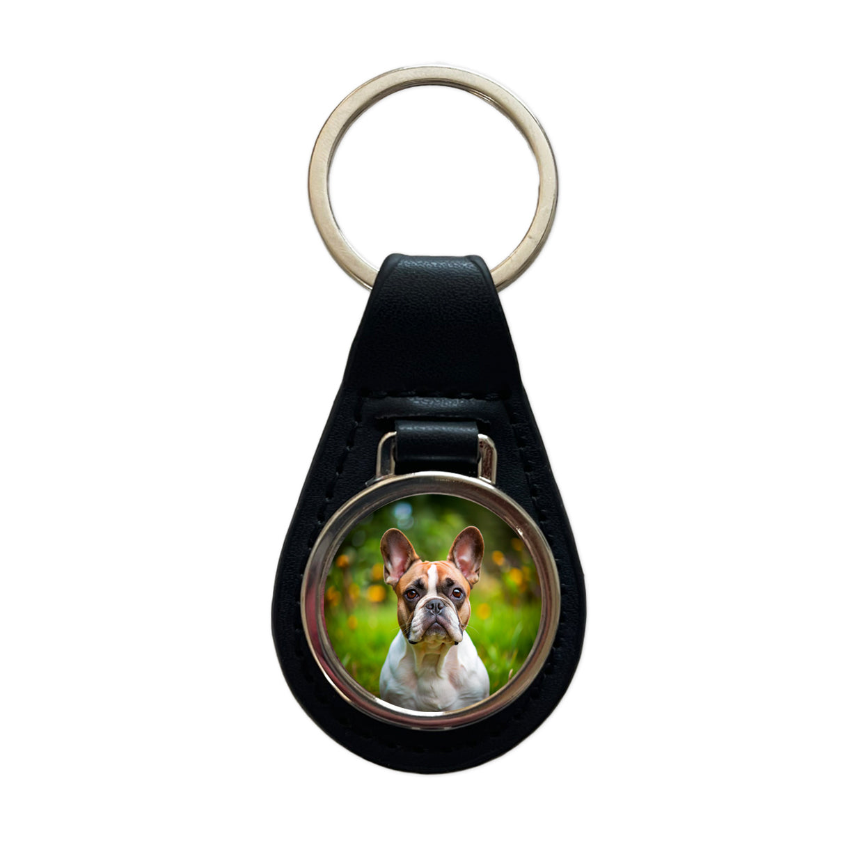 French Bulldog Frenchie Dog Photo Black Leather Metal Keychain