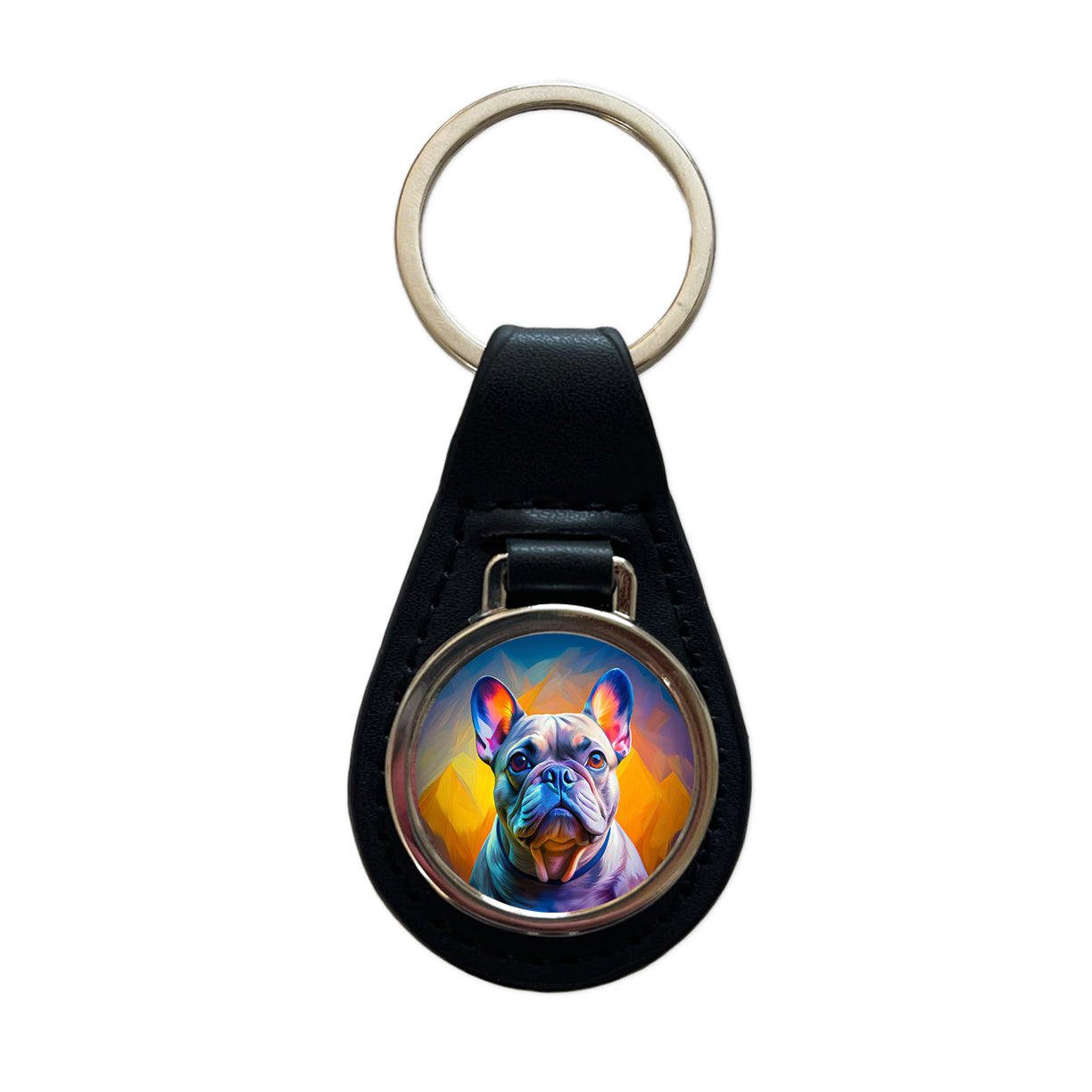 French Bulldog Frenchie Dog Pop Art Black Leather Metal Keychain