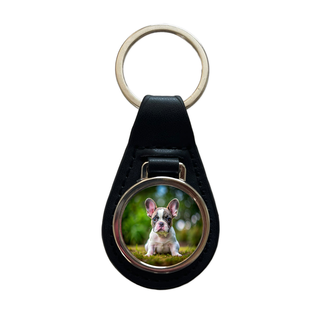French Bulldog Frenchie Dog Puppy Photo Black Leather Metal Keychain