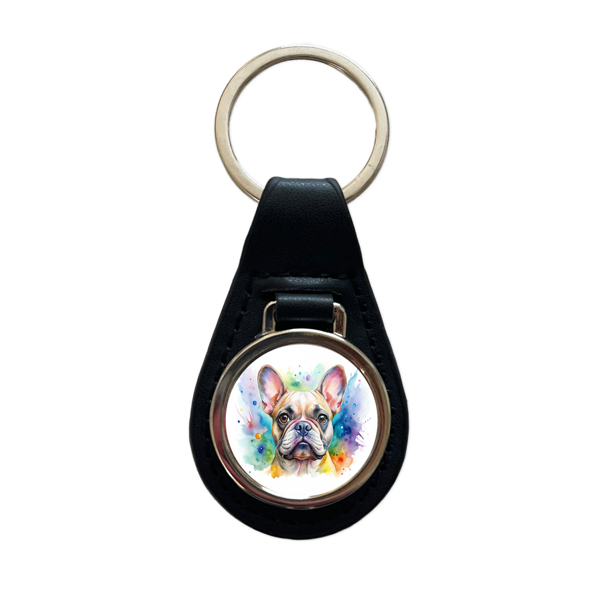 French Bulldog Frenchie Dog Watercolor Style Black Leather Metal Keychain