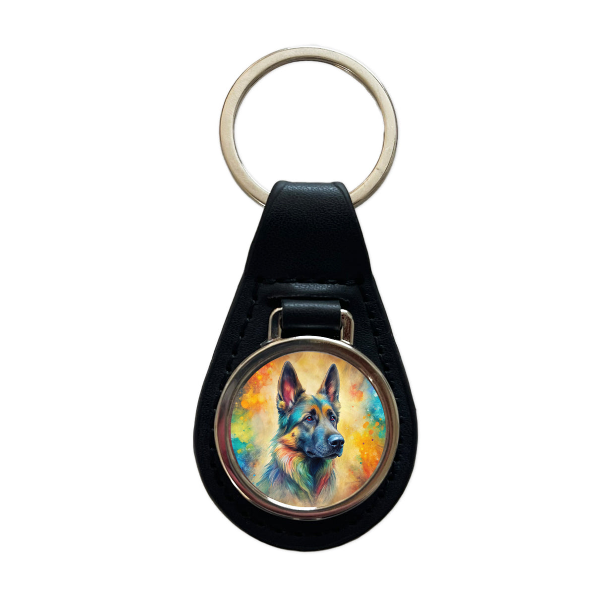 German Shepherd Dog Abstract Art Black Leather Metal Keychain