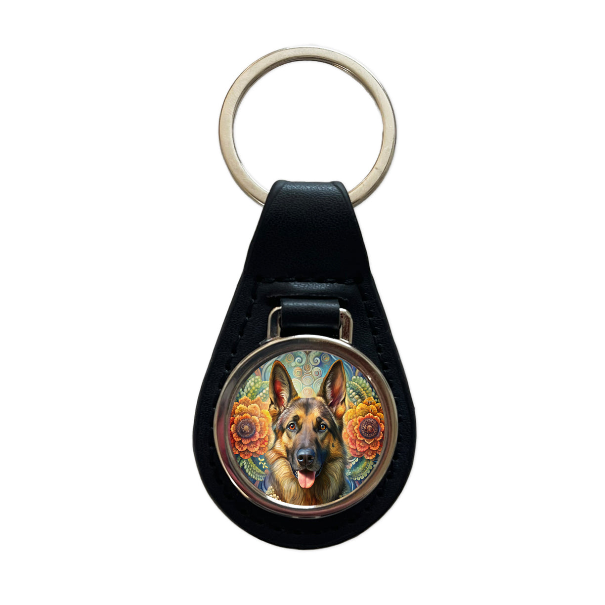 German Shepherd Dog Bohemian Art Black Leather Metal Keychain