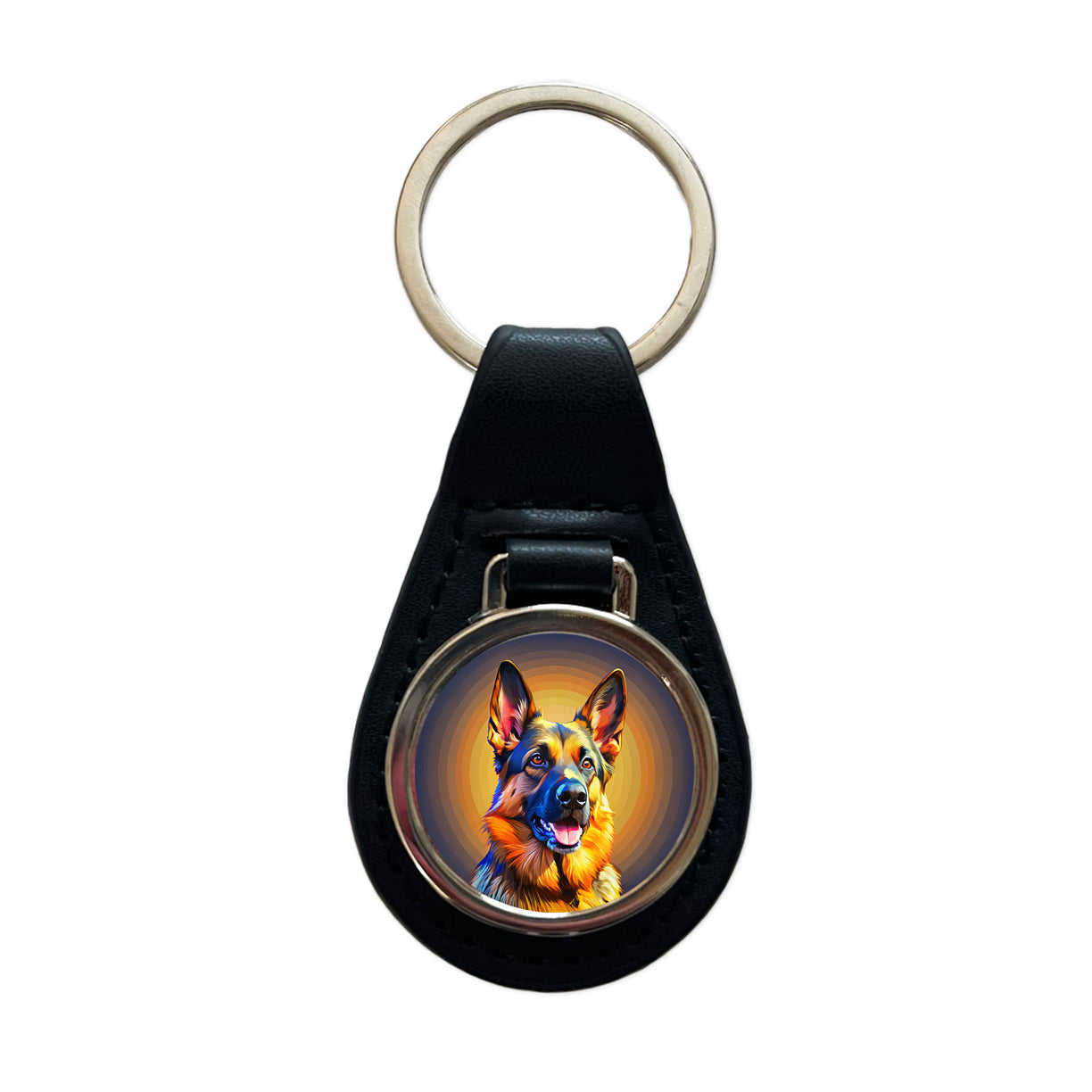 German Shepherd Dog Pop Art Black Leather Metal Keychain