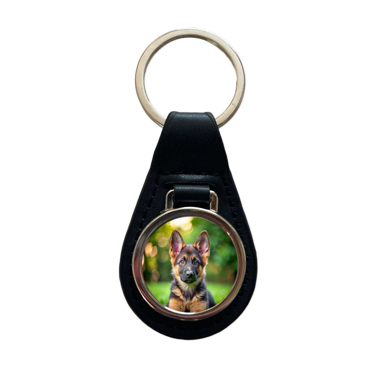 German Shepherd Dog Puppy Photo Black Leather Metal Keychain