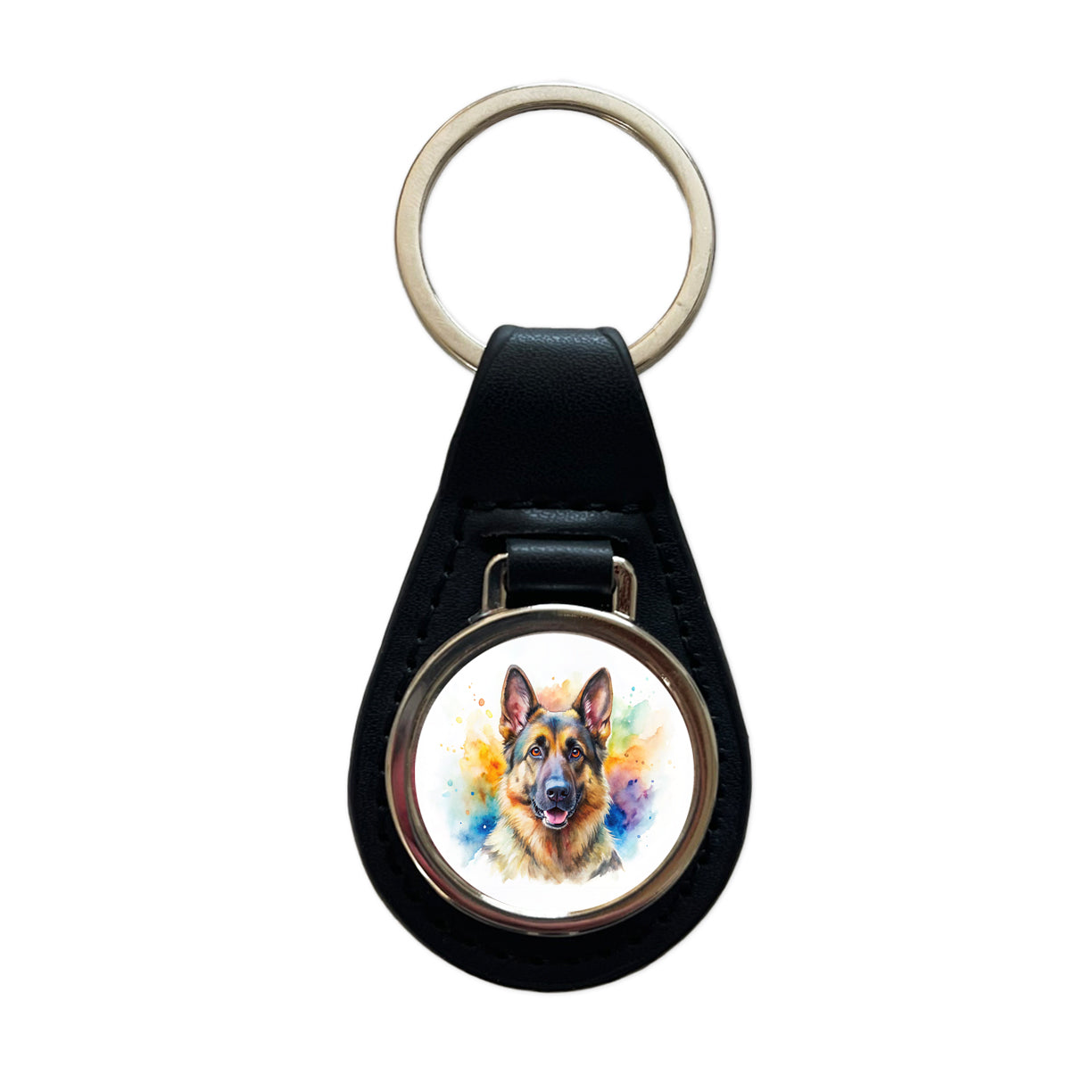 German Shepherd Dog Watercolor Style Black Leather Metal Keychain