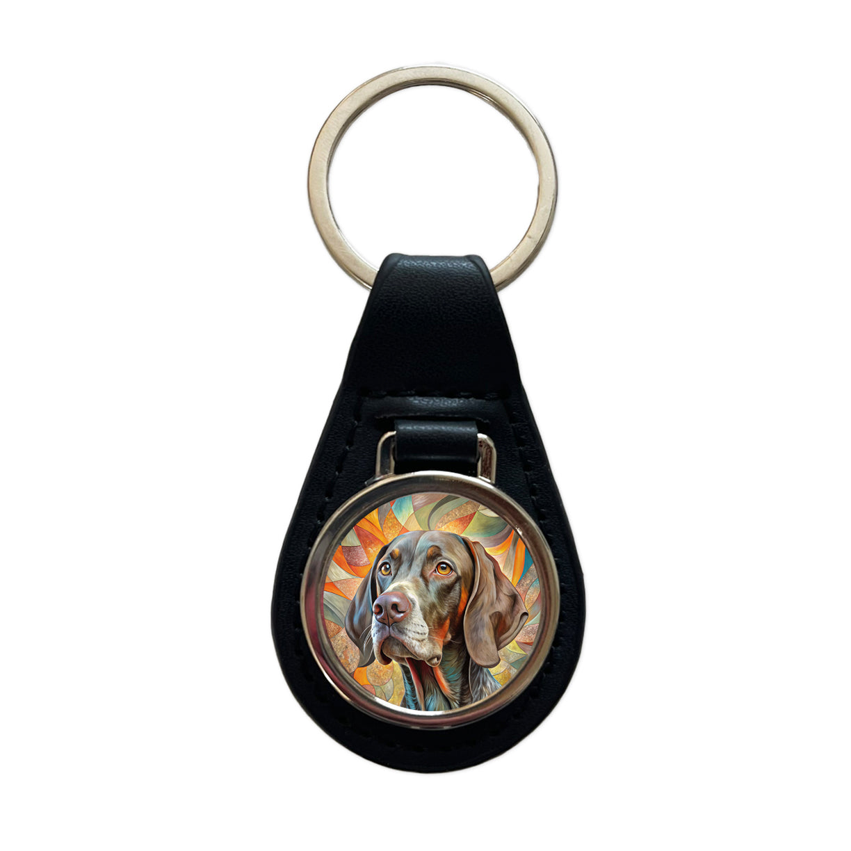 German Shorthaired Pointer Dog Abstract Art Black Leather Metal Keychain