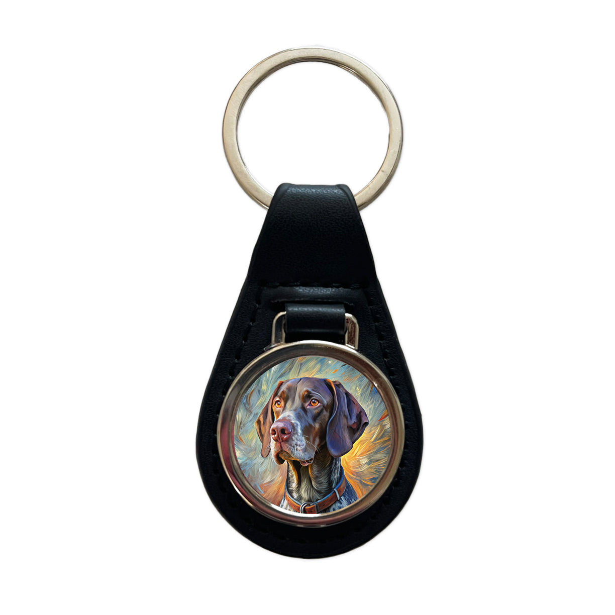 German Shorthaired Pointer Dog Expressionism Art Black Leather Metal Keychain