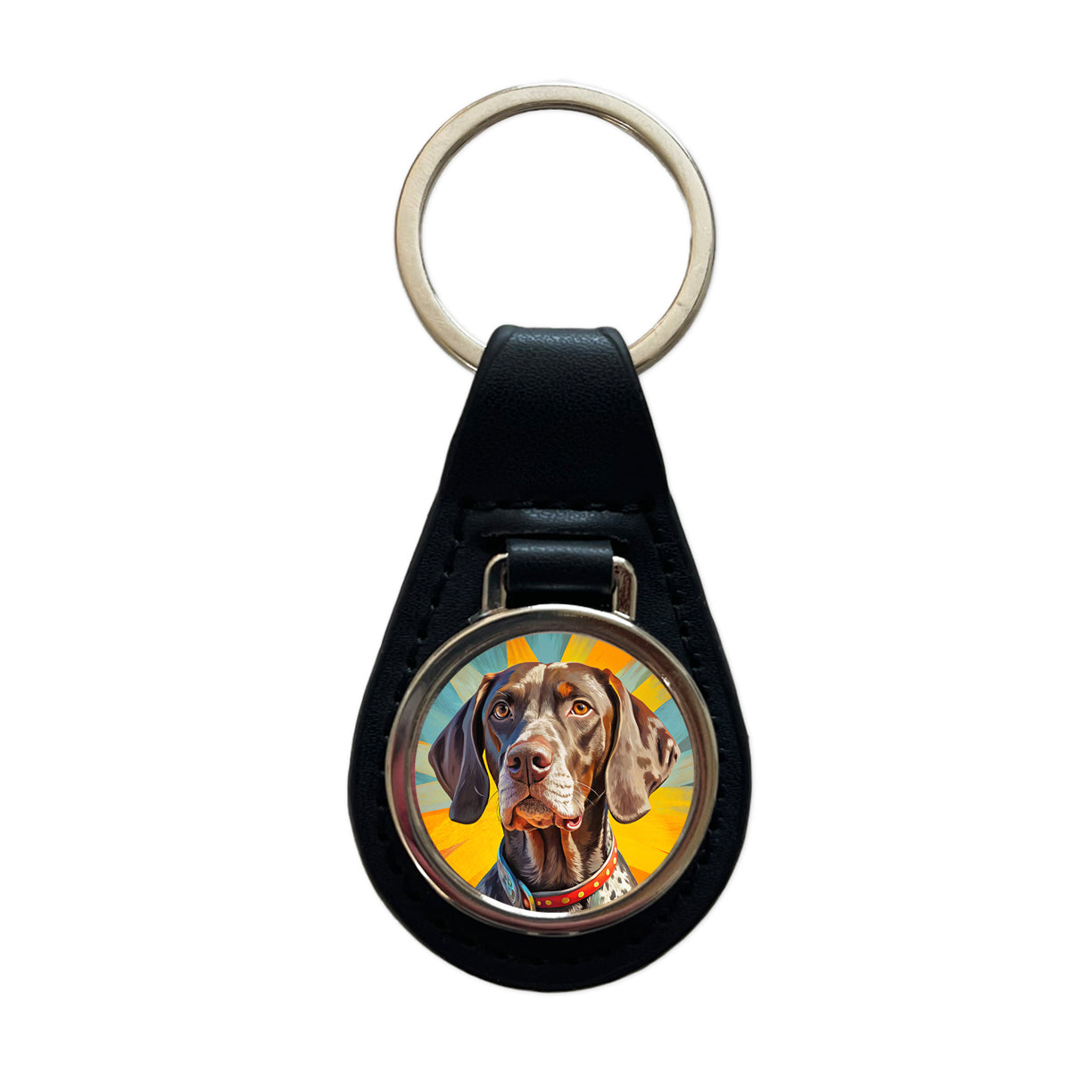 German Shorthaired Pointer Dog Pop Art Black Leather Metal Keychain