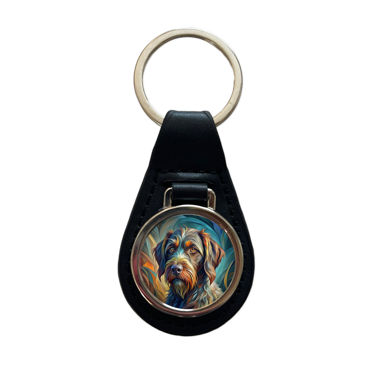 German Wirehaired Pointer Dog Abstract Stylized Art Black Leather Metal Keychain