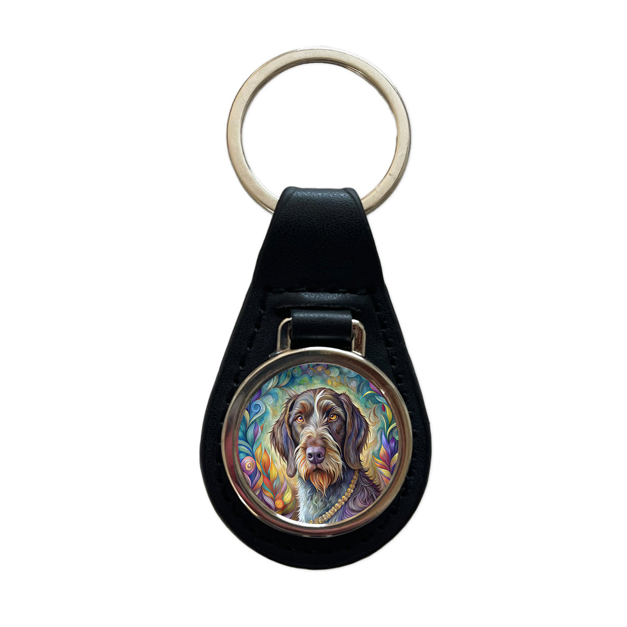 German Wirehaired Pointer Dog Bohemian Art Black Leather Metal Keychain