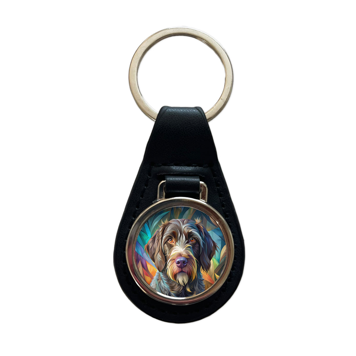 German Wirehaired Pointer Dog Contemporary Art Black Leather Metal Keychain