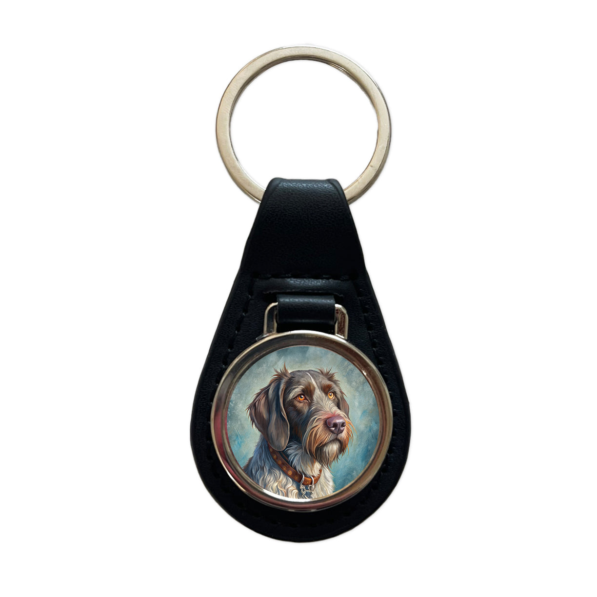 German Wirehaired Pointer Dog Illustration Black Leather Metal Keychain