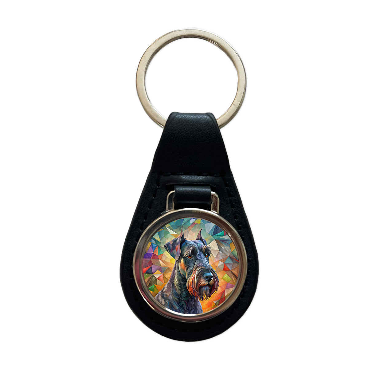 Giant Schnauzer Dog Abstract Art Black Leather Metal Keychain