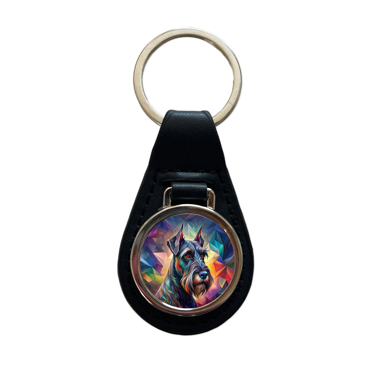 Giant Schnauzer Dog Abstract Stylized Art Black Leather Metal Keychain