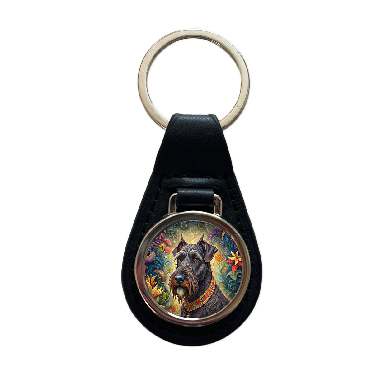 Giant Schnauzer Dog French Bohemian Art Black Leather Metal Keychain