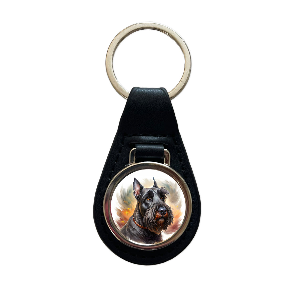 Giant Schnauzer Dog Illustration Black Leather Metal Keychain