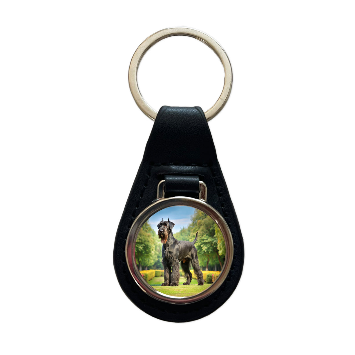 Giant Schnauzer Dog Photo Black Leather Metal Keychain