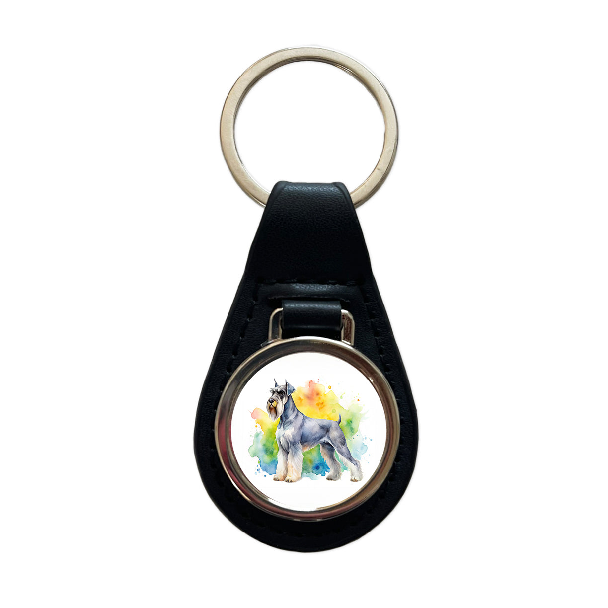 Giant Schnauzer Dog Watercolor Style Black Leather Metal Keychain