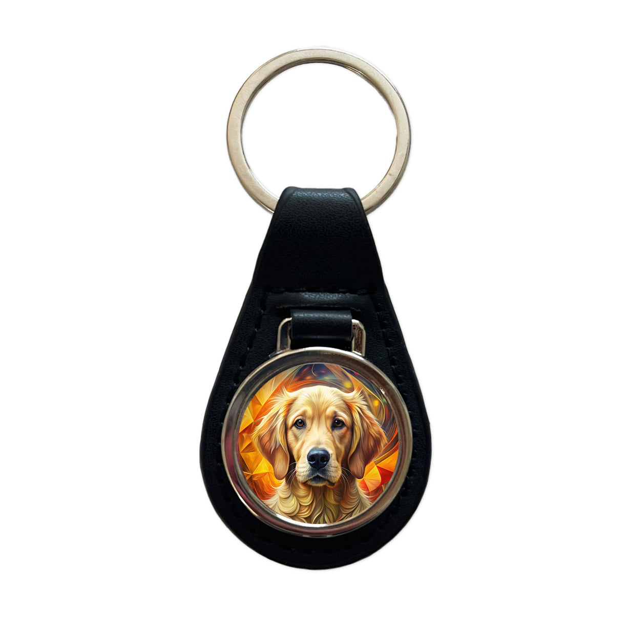 Golden Retriever Dog Abstract Art Black Leather Metal Keychain