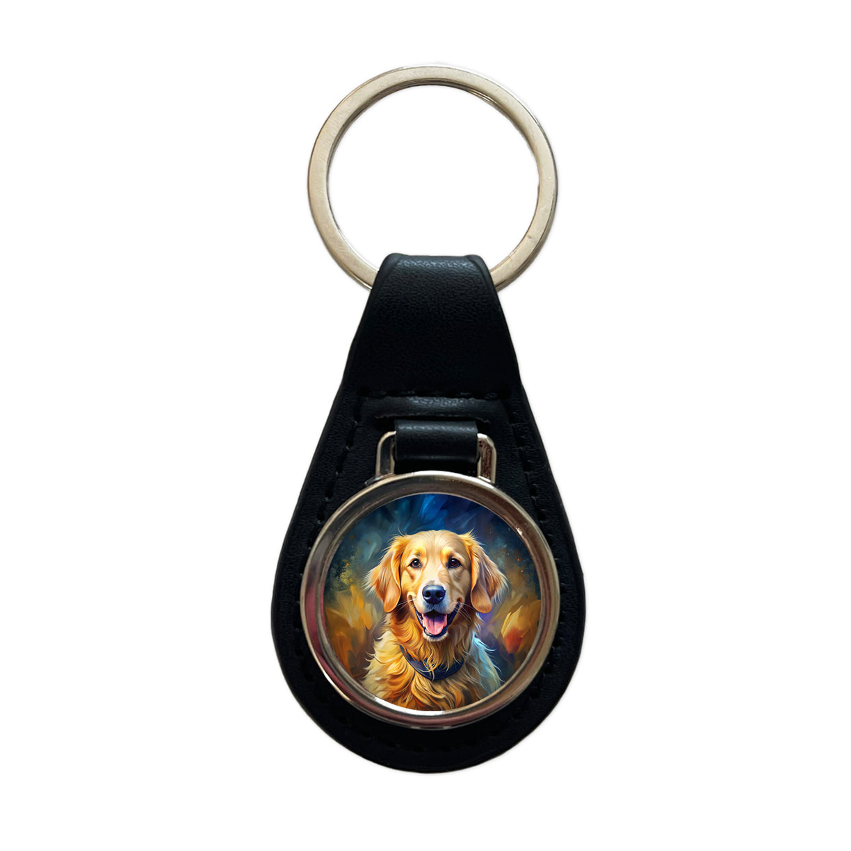 Golden Retriever Dog Expressionism Art Black Leather Metal Keychain