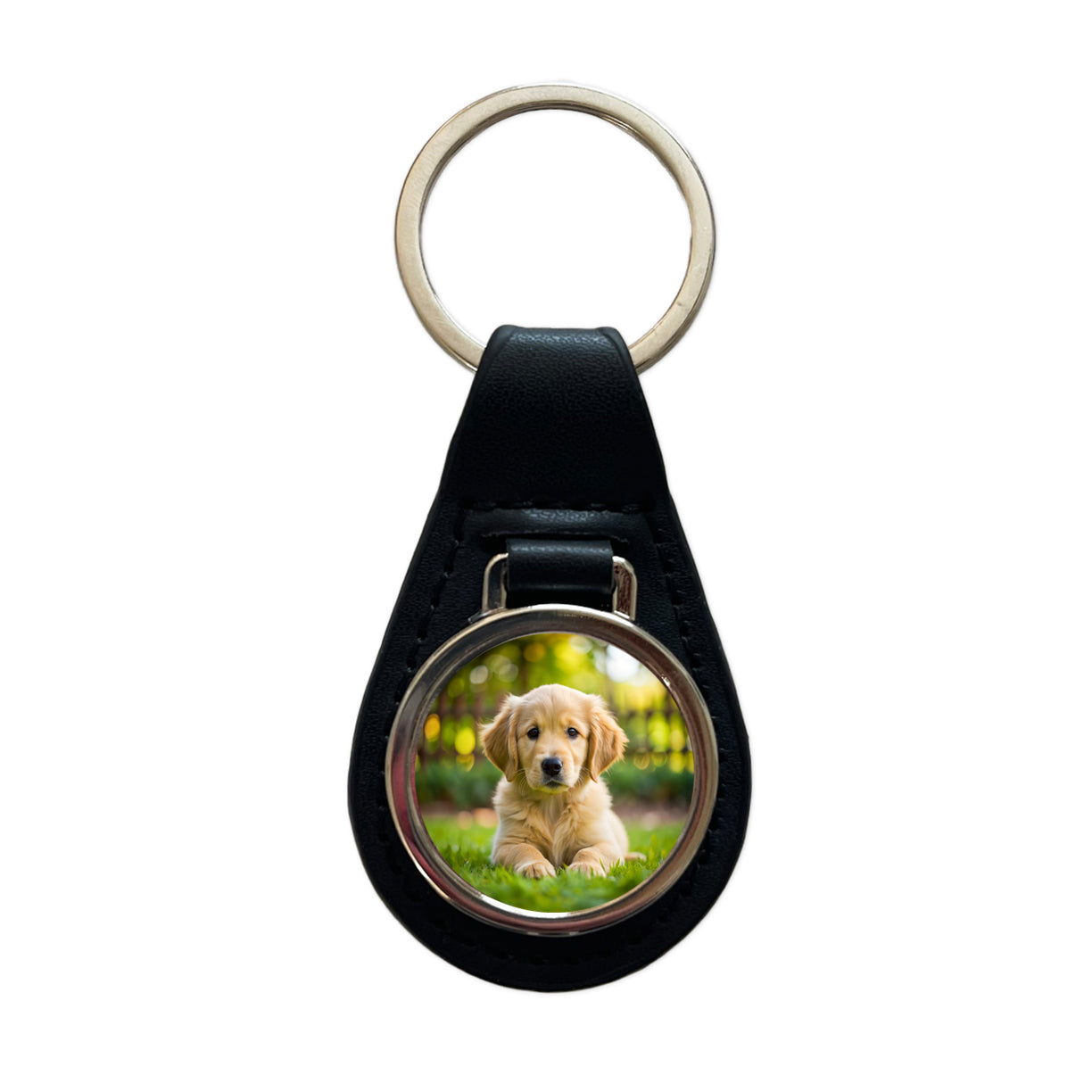 Golden Retriever Dog Puppy Photo Black Leather Metal Keychain