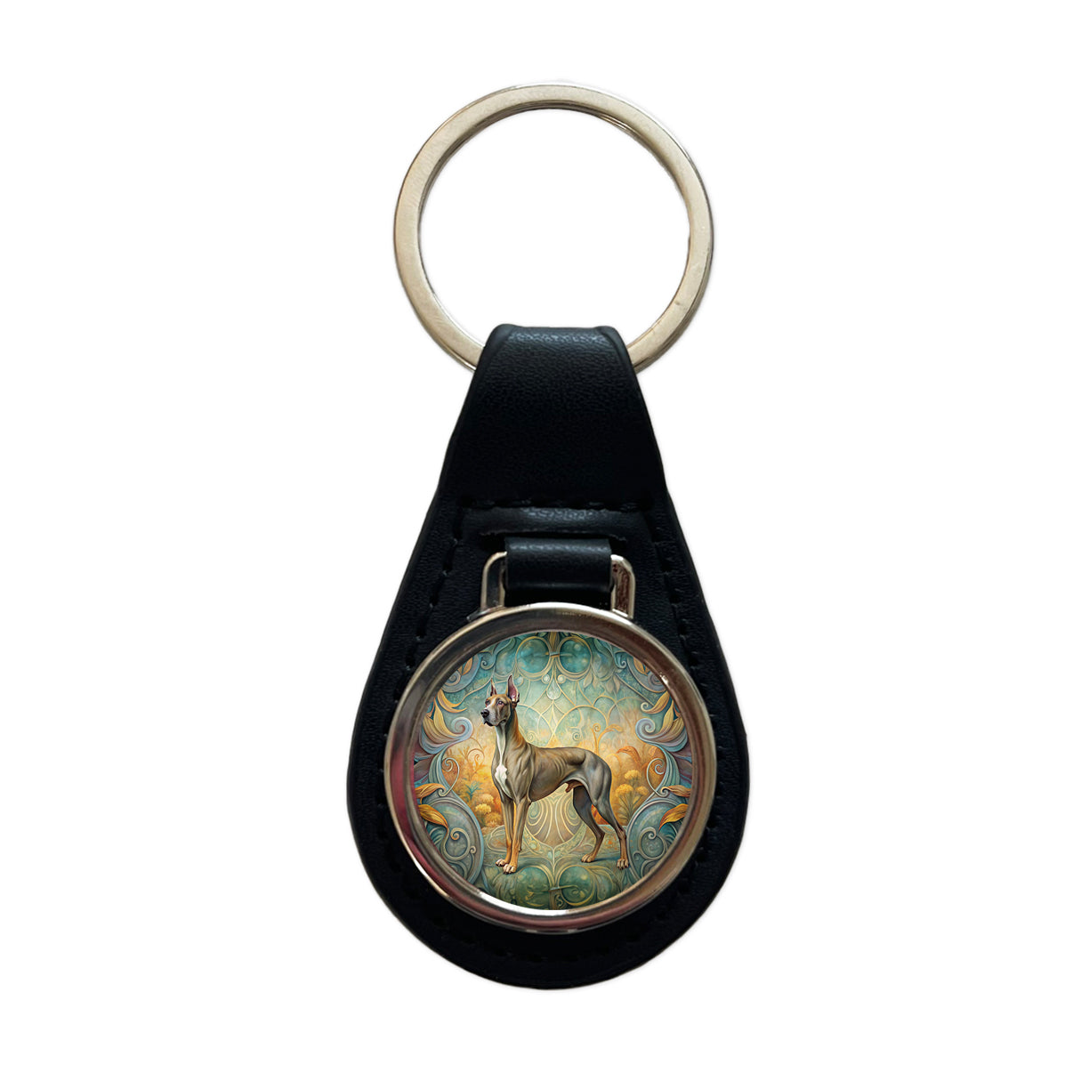 Great Dane Dog Art Nouveau Black Leather Metal Keychain