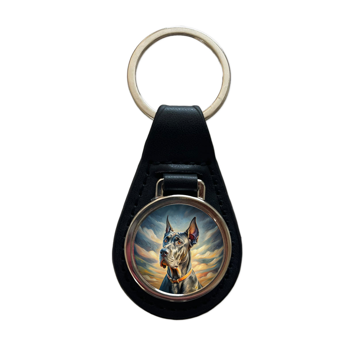 Great Dane Dog Expressionism Art Black Leather Metal Keychain