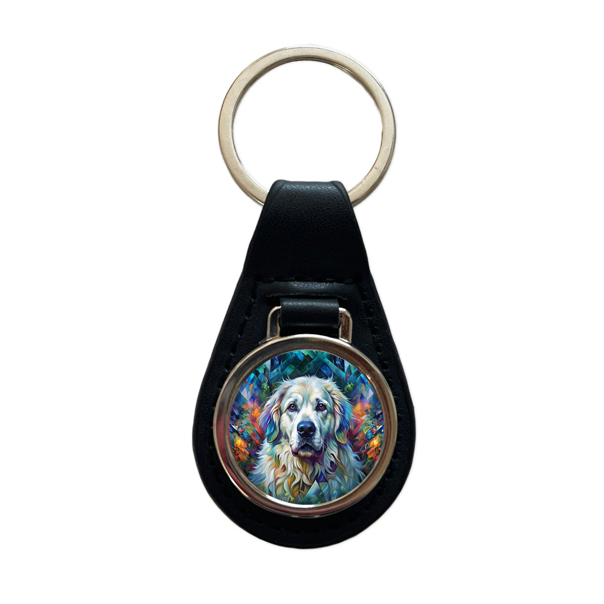 Great Pyrenees Dog Abstract Art Black Leather Metal Keychain
