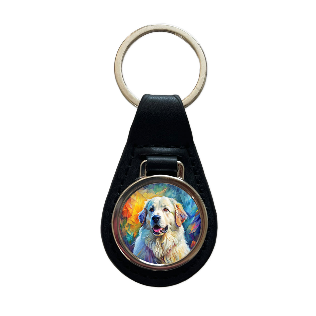 Great Pyrenees Dog Contemporary Art Black Leather Metal Keychain