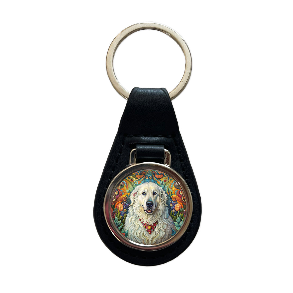 Great Pyrenees Dog French Bohemian Art Black Leather Metal Keychain