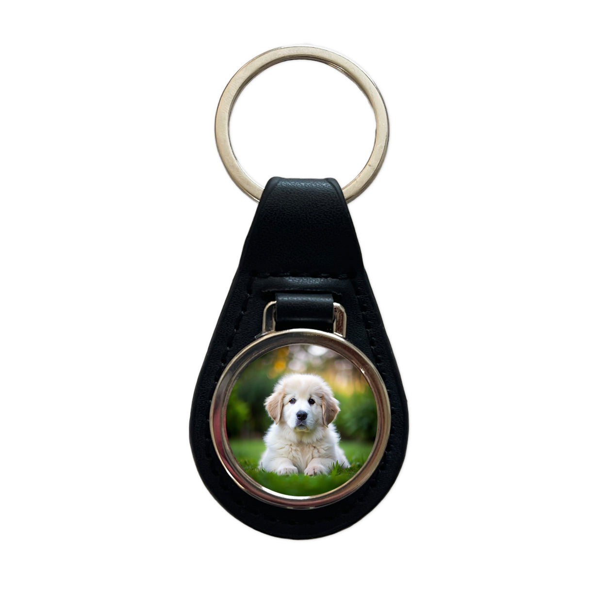 Great Pyrenees Dog Puppy Photo Black Leather Metal Keychain