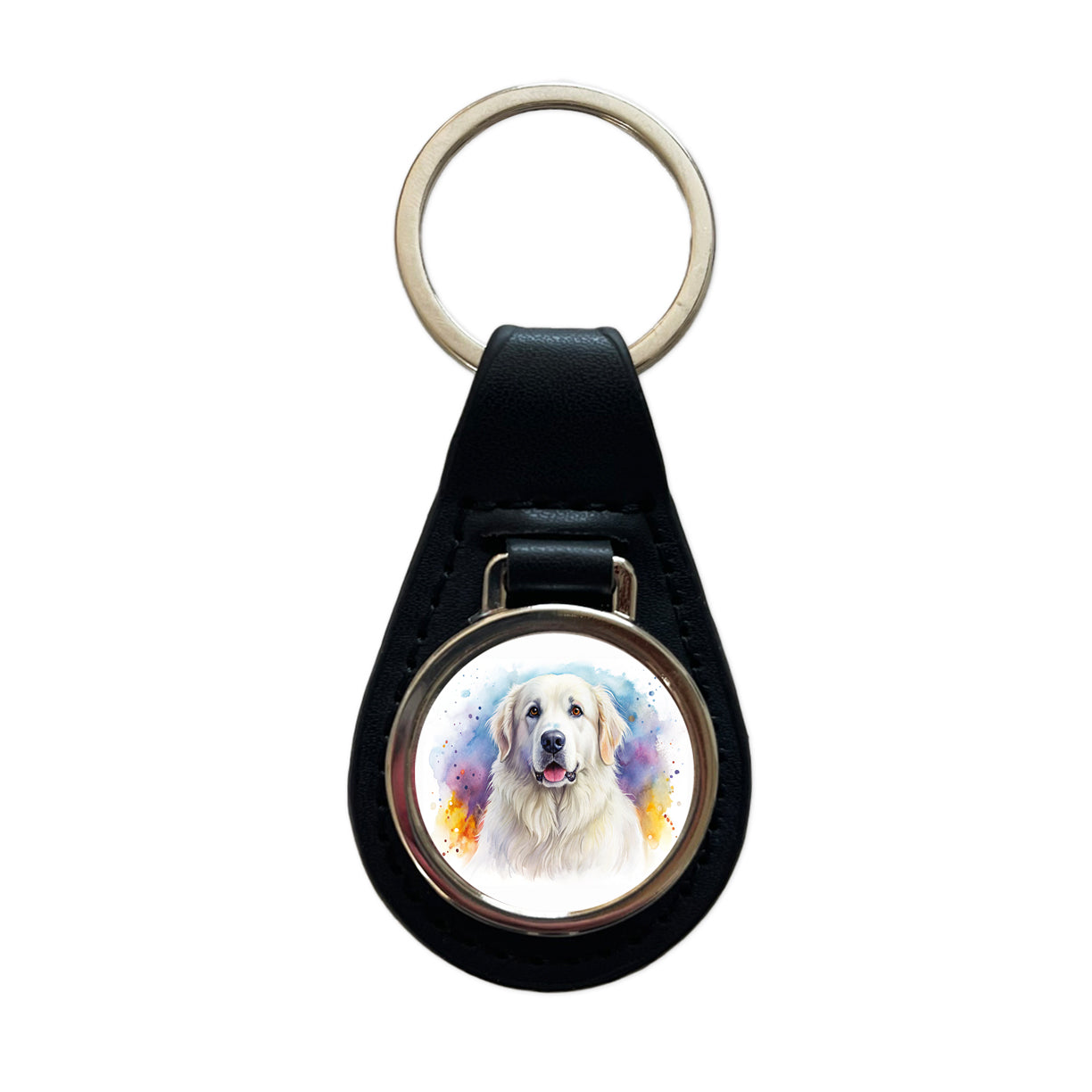 Great Pyrenees Dog Watercolor Style Black Leather Metal Keychain